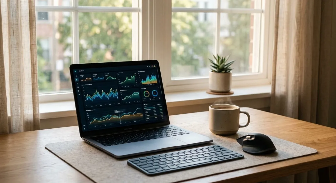 Ahşap bir çalışma masası üzerinde duran laptop ve yanındaki kahve fincanı