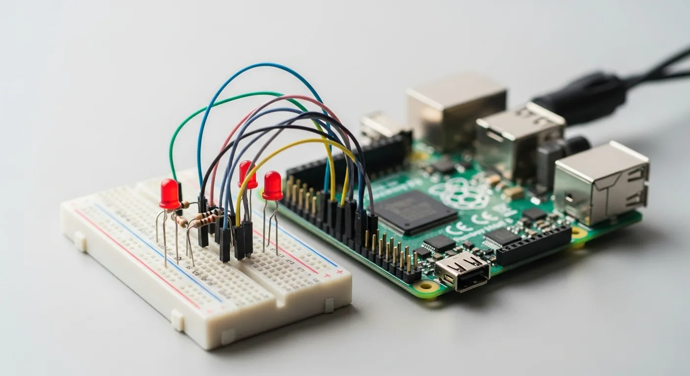 Raspberry Pi kartı, breadboard üzerinde basit elektronik bileşenler.
