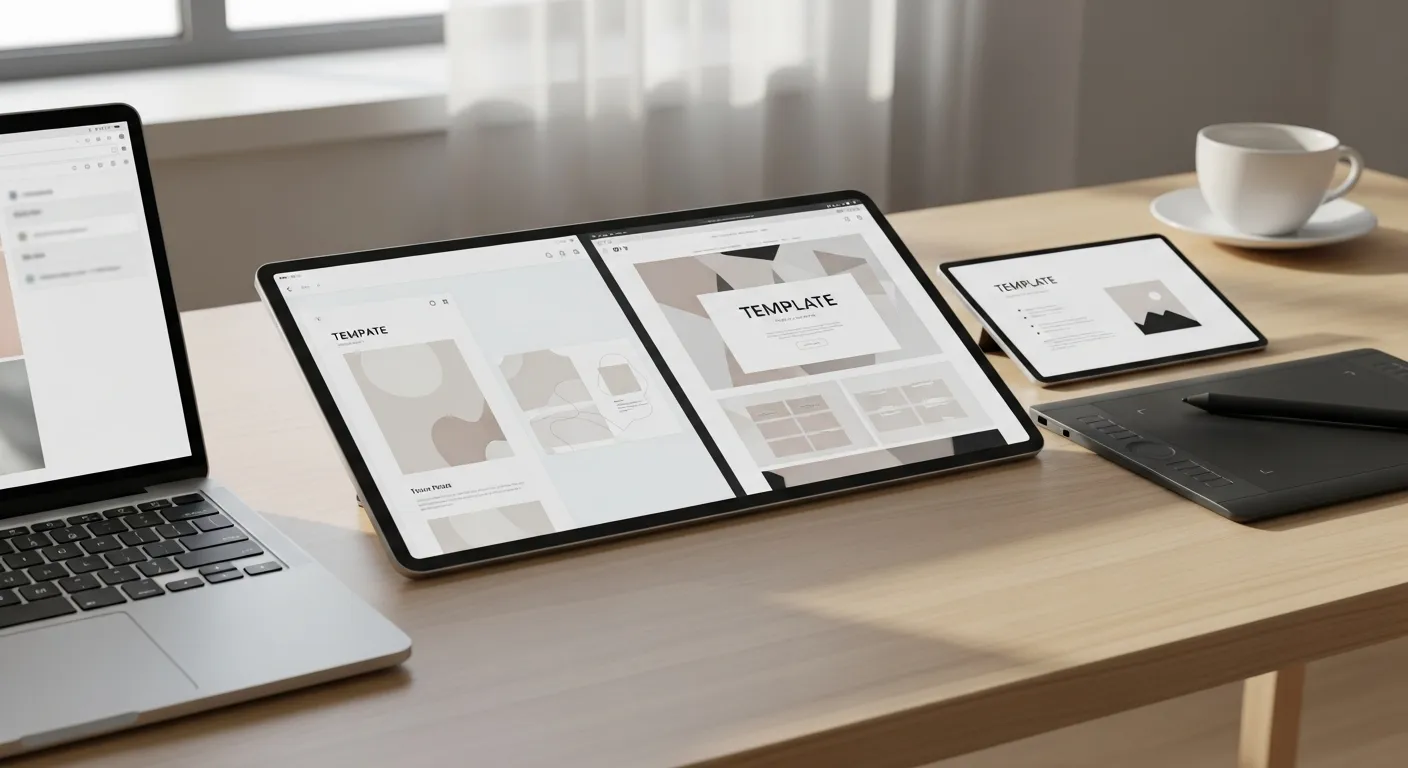 Tablet ekranında farklı dijital tasarım şablonları, masaüstünde bir dizüstü bilgisayar.